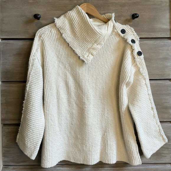 Free People On My Side High Neck Button-Trim White Oversized Chunky Sweater - Picture 3 of 5